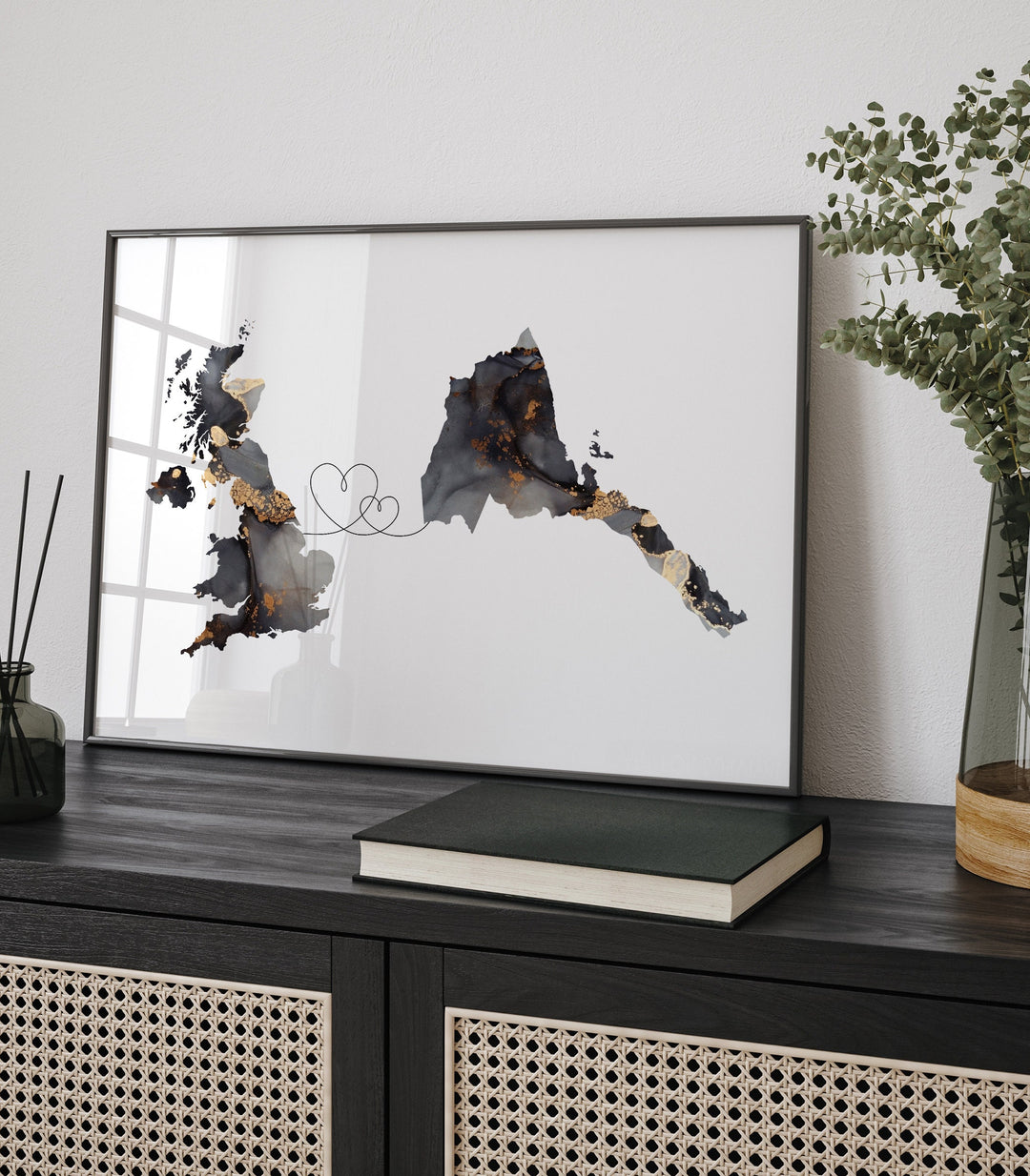 Britain and Eritrea Map Black & Gold Travel Wall Art Print | United Kingdom | UK