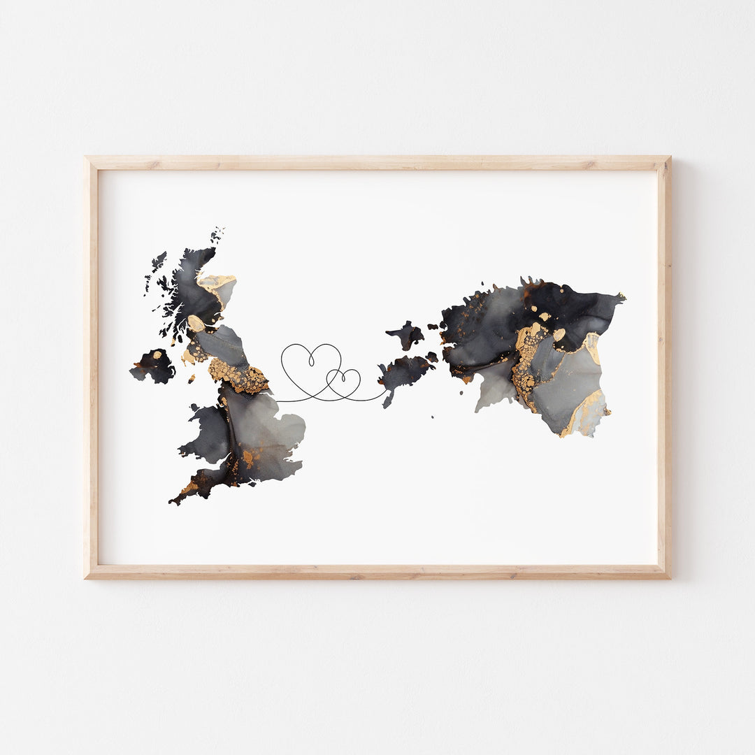 Britain and Estonia Map Black & Gold Travel Wall Art Print | United Kingdom | UK