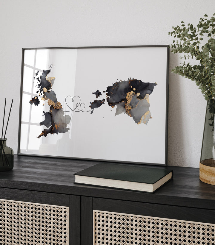Britain and Estonia Map Black & Gold Travel Wall Art Print | United Kingdom | UK