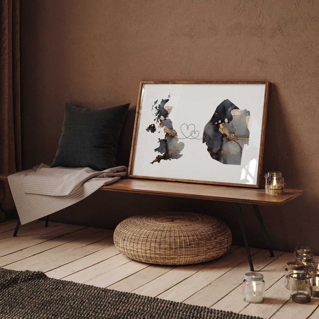 Britain and Eswatini Map Black & Gold Travel Wall Art Print | United Kingdom | UK