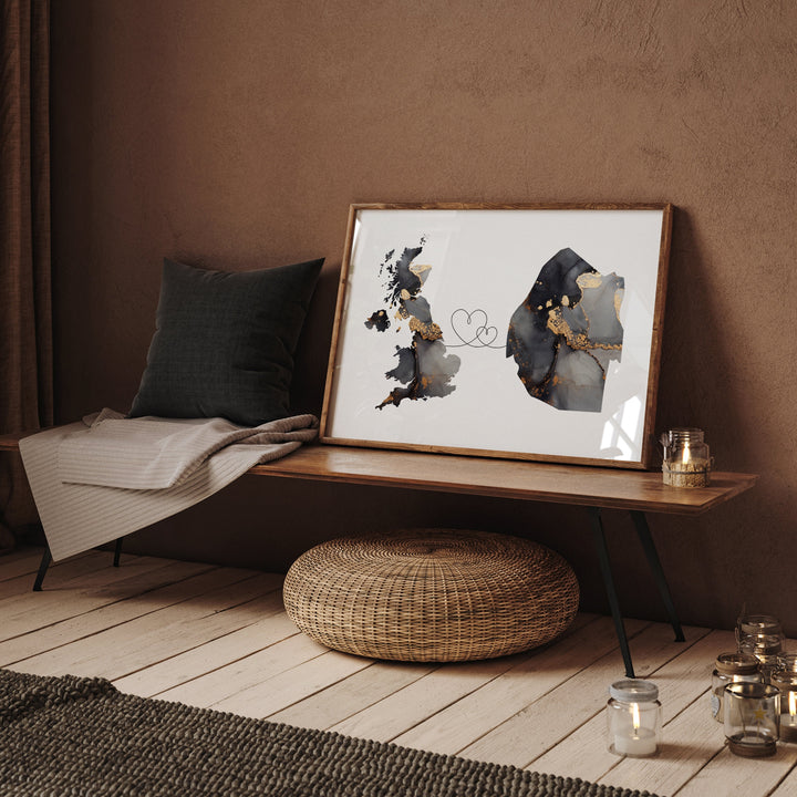 Britain and Eswatini Map Black & Gold Travel Wall Art Print | United Kingdom | UK