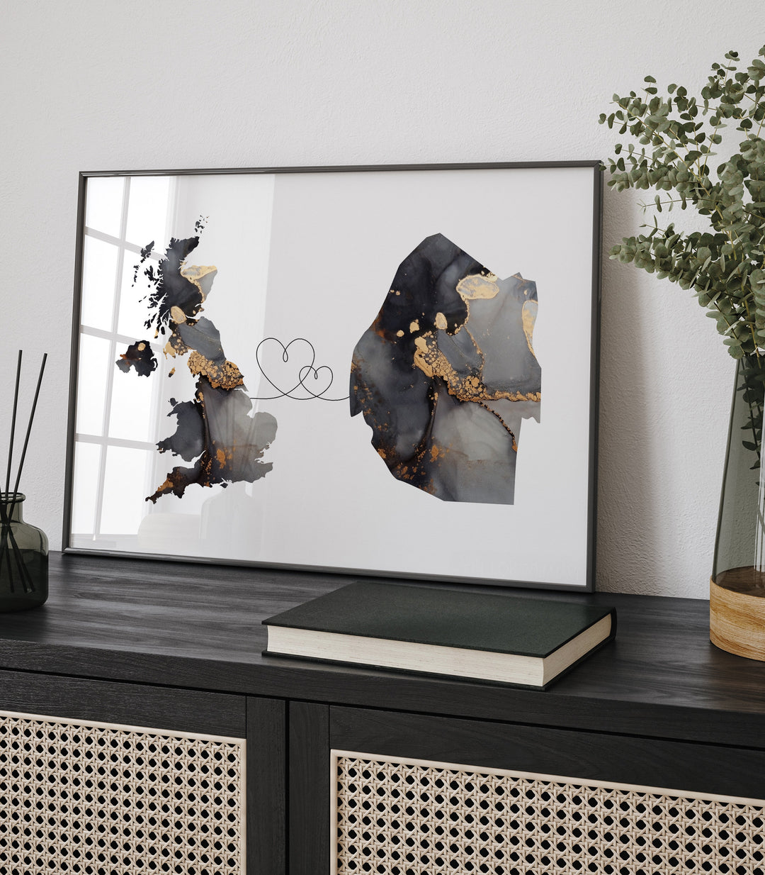 Britain and Eswatini Map Black & Gold Travel Wall Art Print | United Kingdom | UK