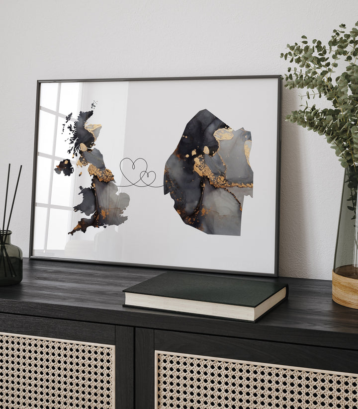 Britain and Eswatini Map Black & Gold Travel Wall Art Print | United Kingdom | UK
