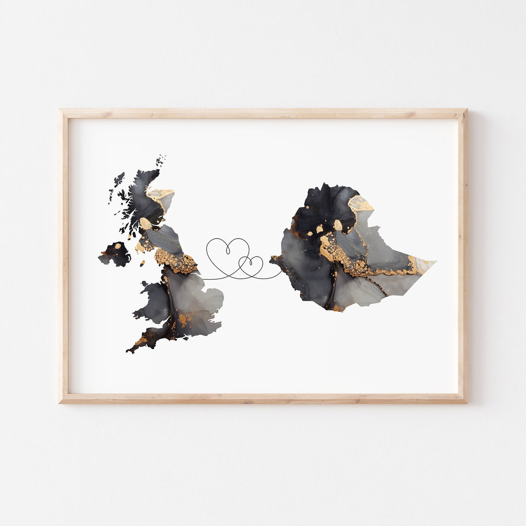 Britain and Ethopia Map Black & Gold Travel Wall Art Print | United Kingdom | UK