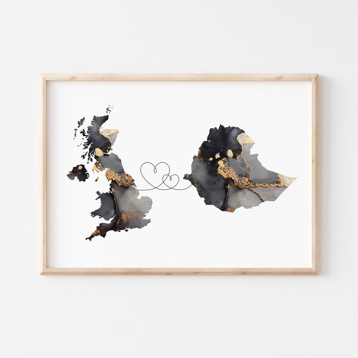 Britain and Ethopia Map Black & Gold Travel Wall Art Print | United Kingdom | UK