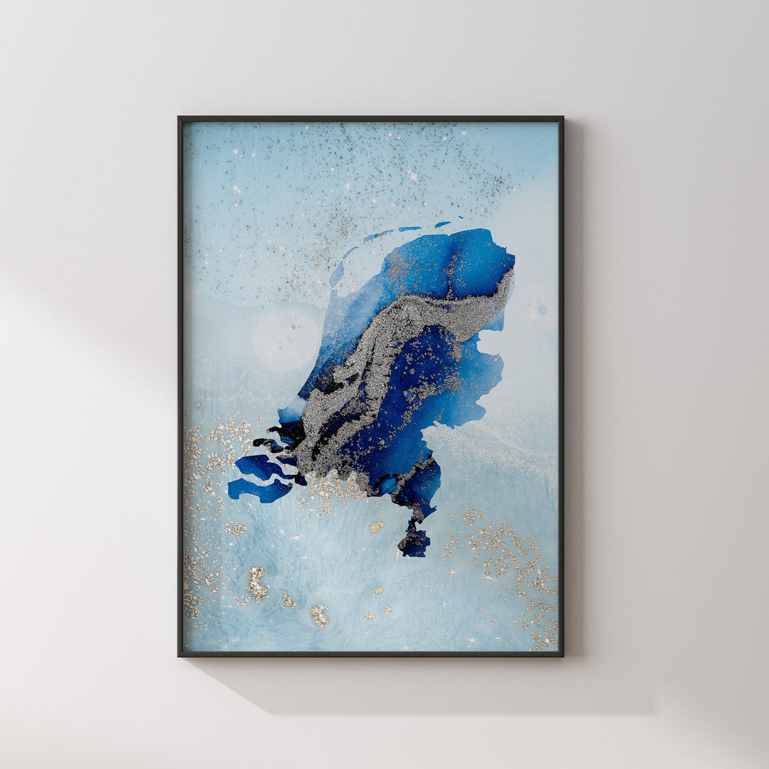 Netherlands Map Shades of Blue & Silver Wall Art Print
