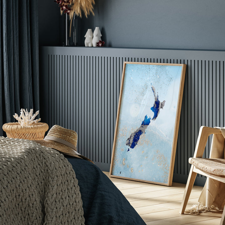 New Zealand Map Shades of Blue & Silver Wall Art Print