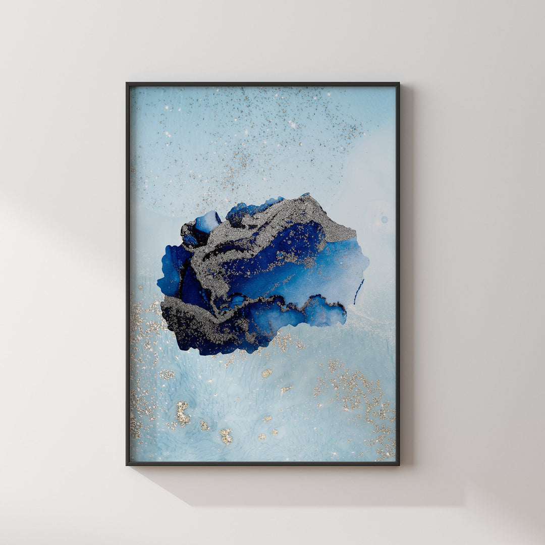 North Macedonia Map Shades of Blue & Silver Wall Art Print