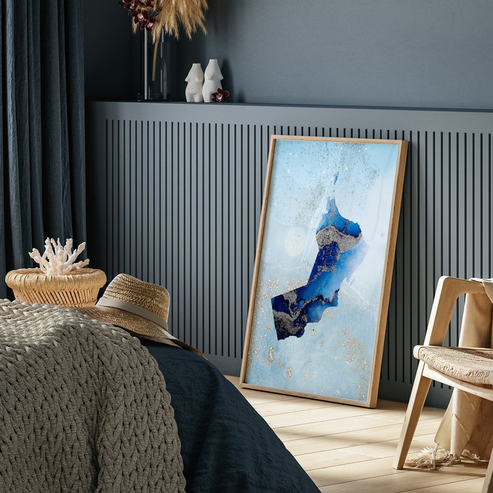 Oman Map Shades of Blue & Silver Wall Art Print