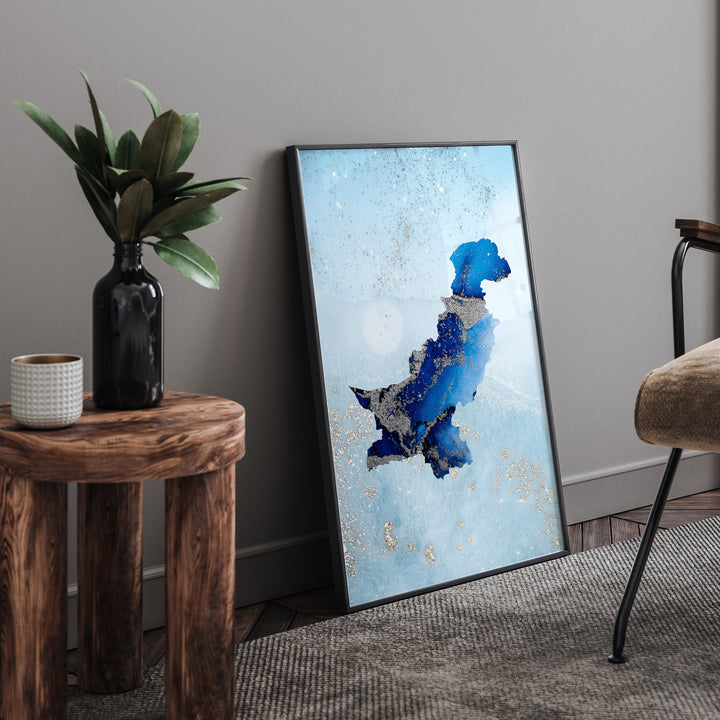 Pakistan Map Shades of Blue & Silver Wall Art Print
