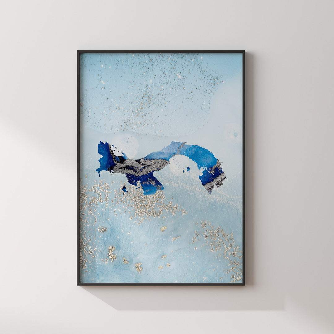 Panama Map Shades of Blue & Silver Wall Art Print