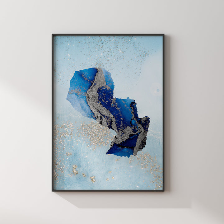 Papua New Guinea Map Shades of Blue & Silver Wall Art Print