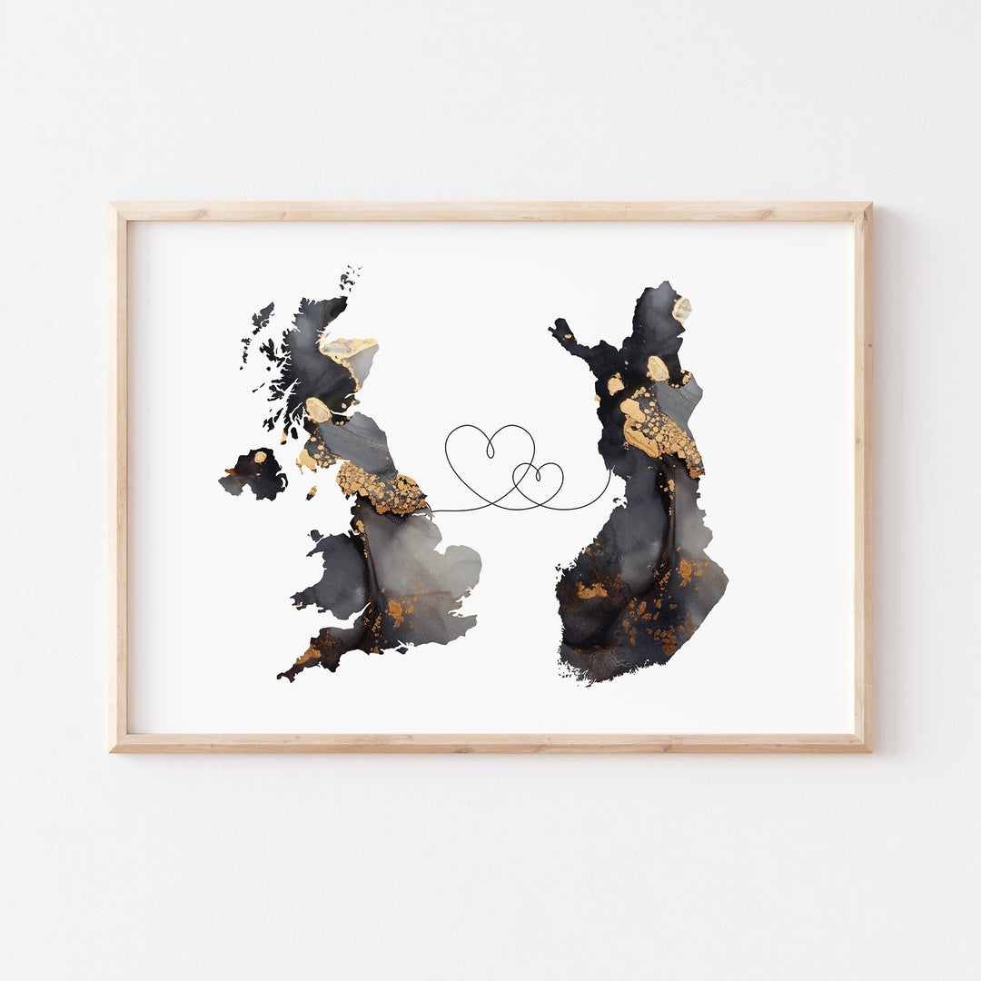 Britain and Ethopia Map Black & Gold Travel Wall Art Print | United Kingdom | UK