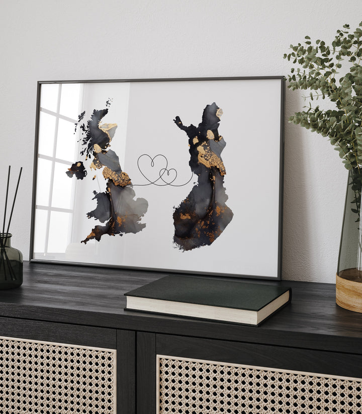 Britain and Ethopia Map Black & Gold Travel Wall Art Print | United Kingdom | UK