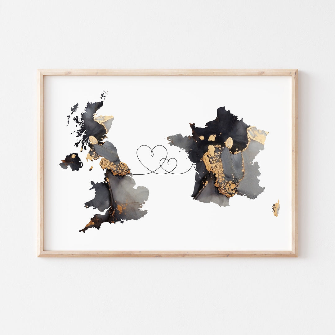 Britain and France Map Black & Gold Travel Wall Art Print | United Kingdom | UK