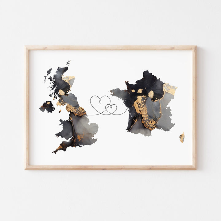 Britain and France Map Black & Gold Travel Wall Art Print | United Kingdom | UK
