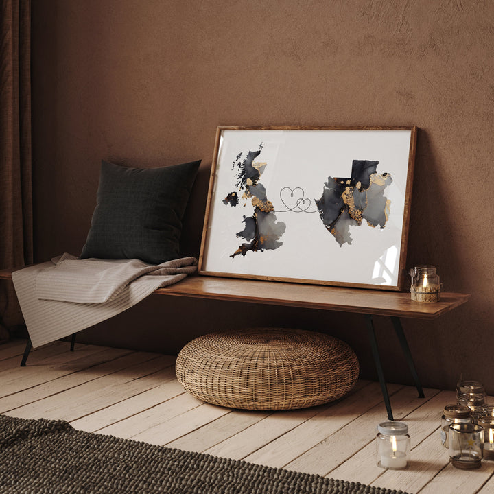 Britain and Gabon Map Black & Gold Travel Wall Art Print | United Kingdom | UK