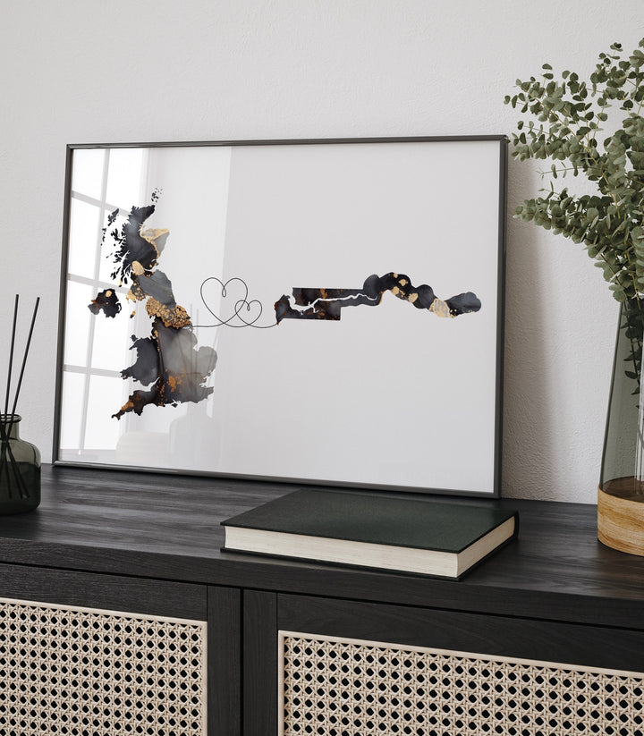 Britain and Gambia Map Black & Gold Travel Wall Art Print | United Kingdom | UK