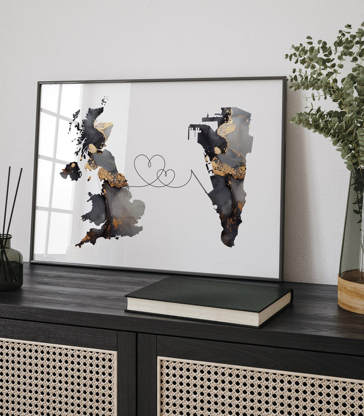 Britain and Gibraltar Map Black & Gold Travel Wall Art Print | United Kingdom | UK