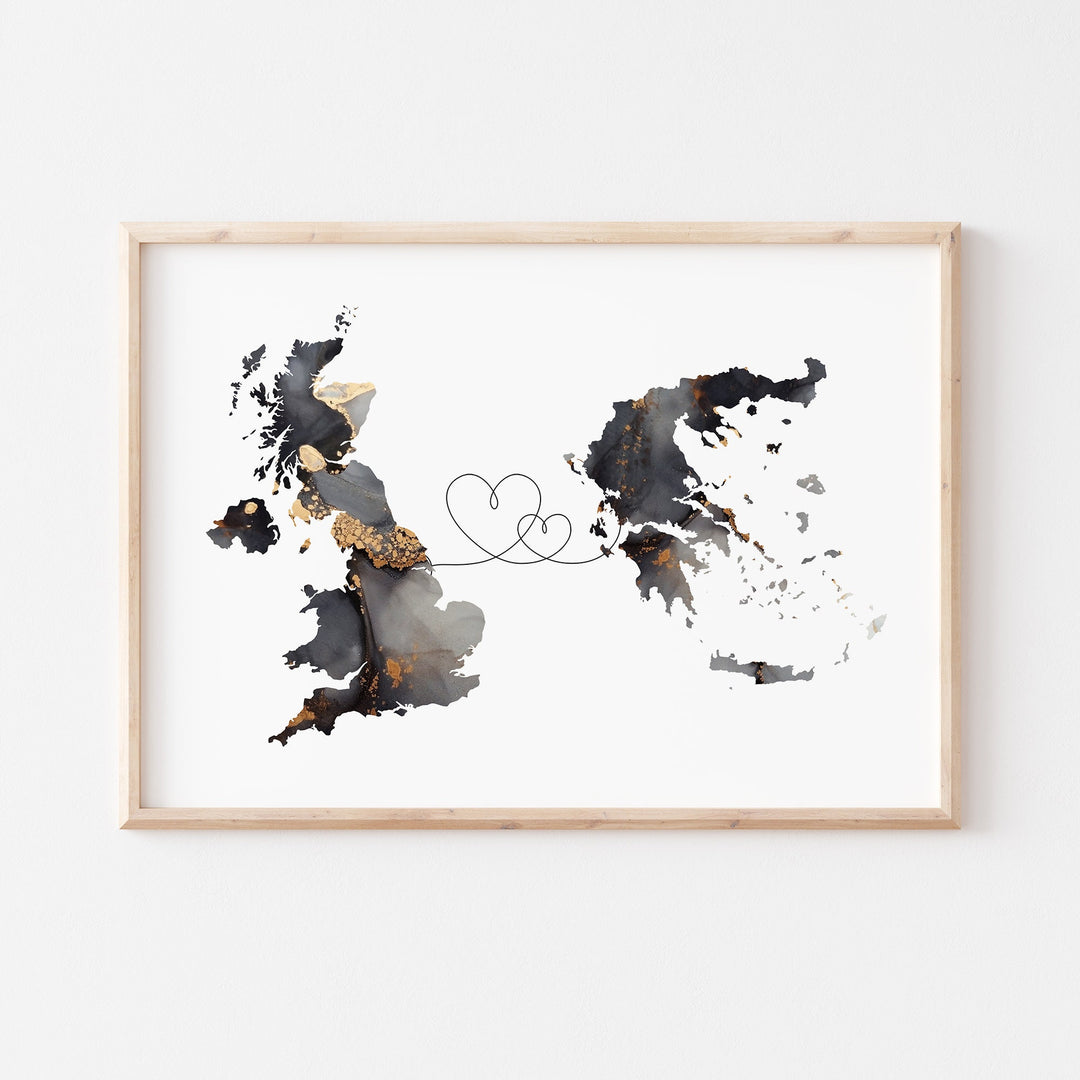 Britain and Greece Map Black & Gold Travel Wall Art Print | United Kingdom | UK
