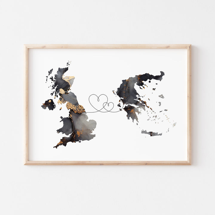 Britain and Greece Map Black & Gold Travel Wall Art Print | United Kingdom | UK