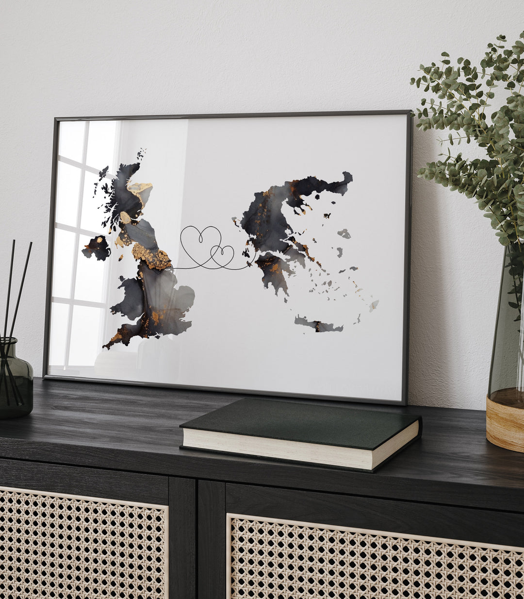 Britain and Greece Map Black & Gold Travel Wall Art Print | United Kingdom | UK