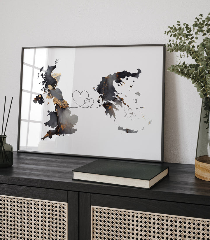 Britain and Greece Map Black & Gold Travel Wall Art Print | United Kingdom | UK