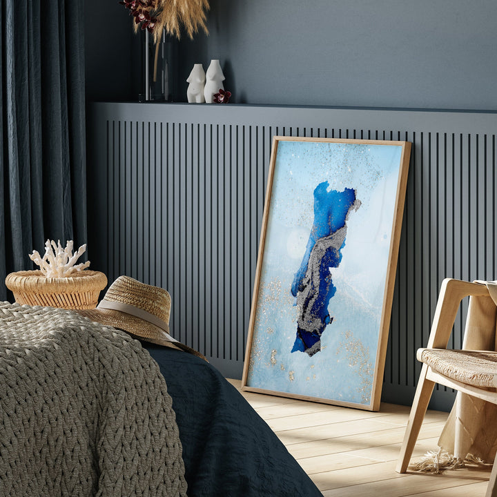 Portugal Map Shades of Blue & Silver Wall Art Print