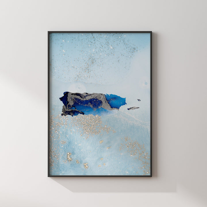 Puerto Rico Map Shades of Blue & Silver Wall Art Print