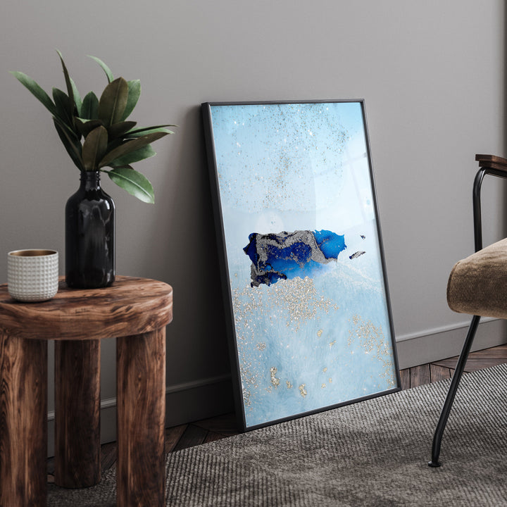 Puerto Rico Map Shades of Blue & Silver Wall Art Print