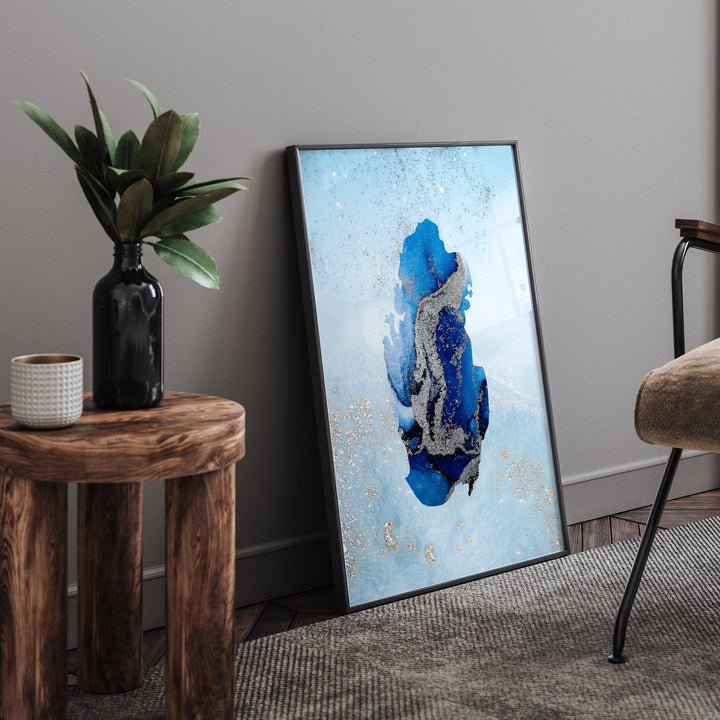 Qatar Map Shades of Blue & Silver Wall Art Print