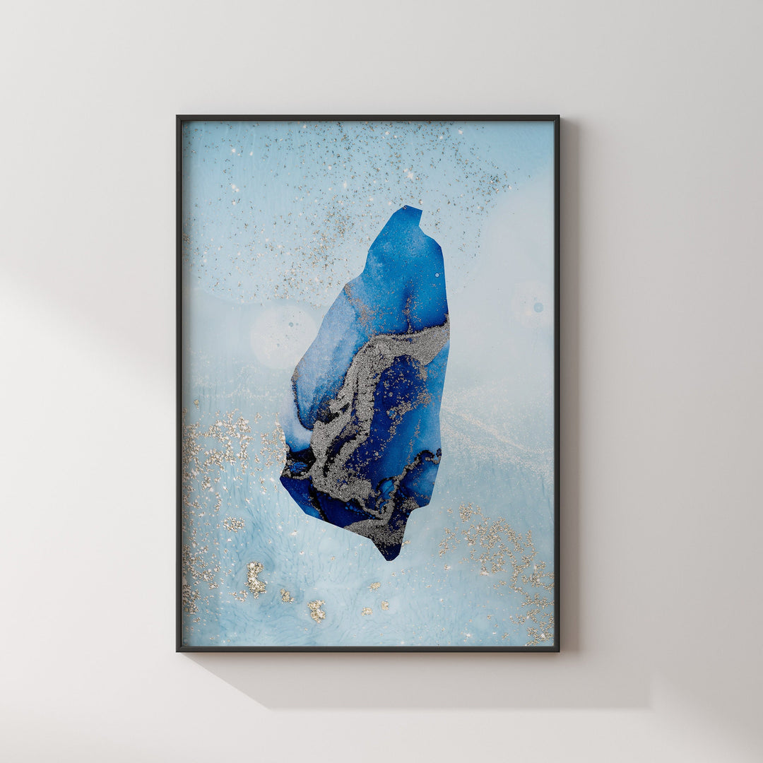 Saint Lucia Map Shades of Blue & Silver Wall Art Print