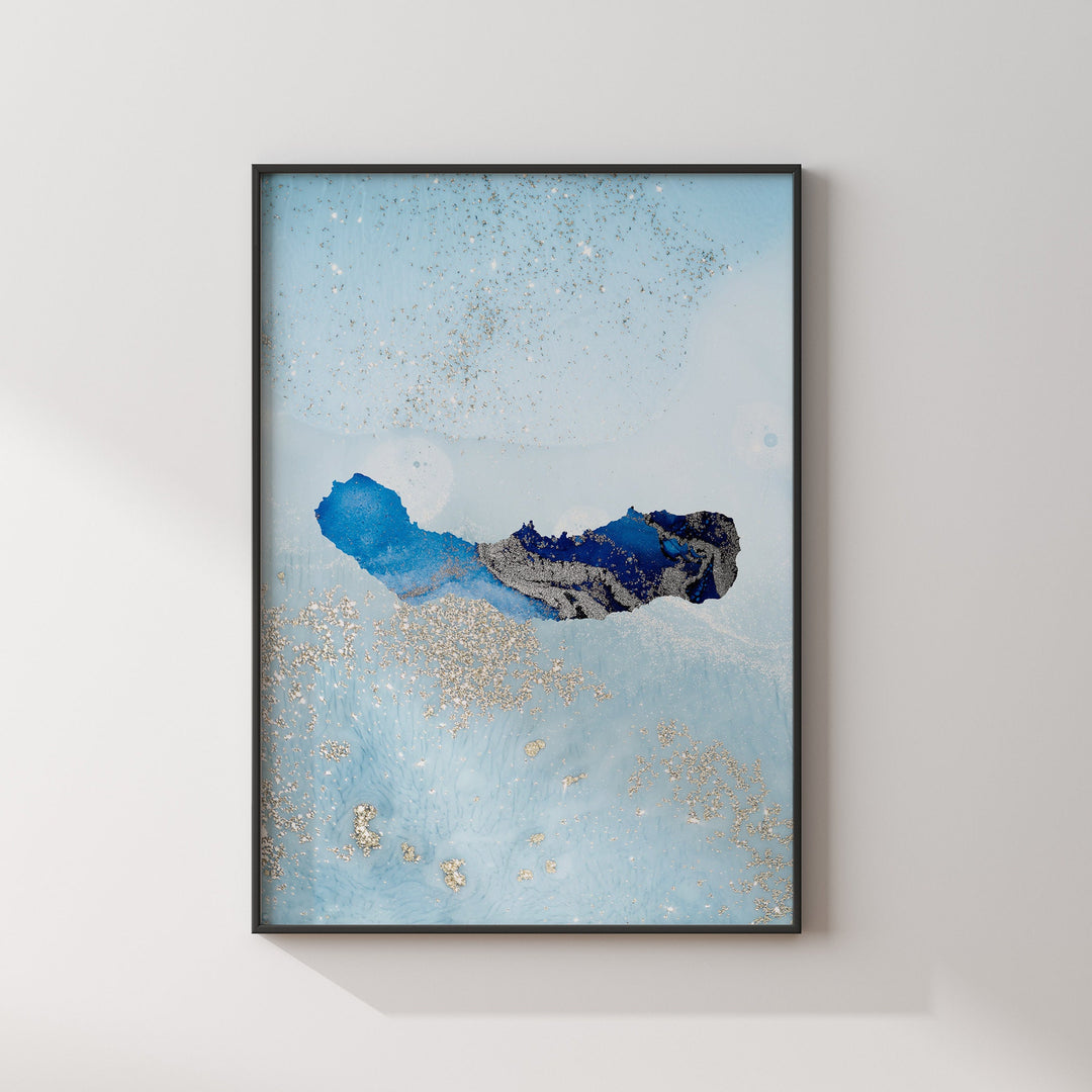 Sao Miguel Map Shades of Blue & Silver Wall Art Print