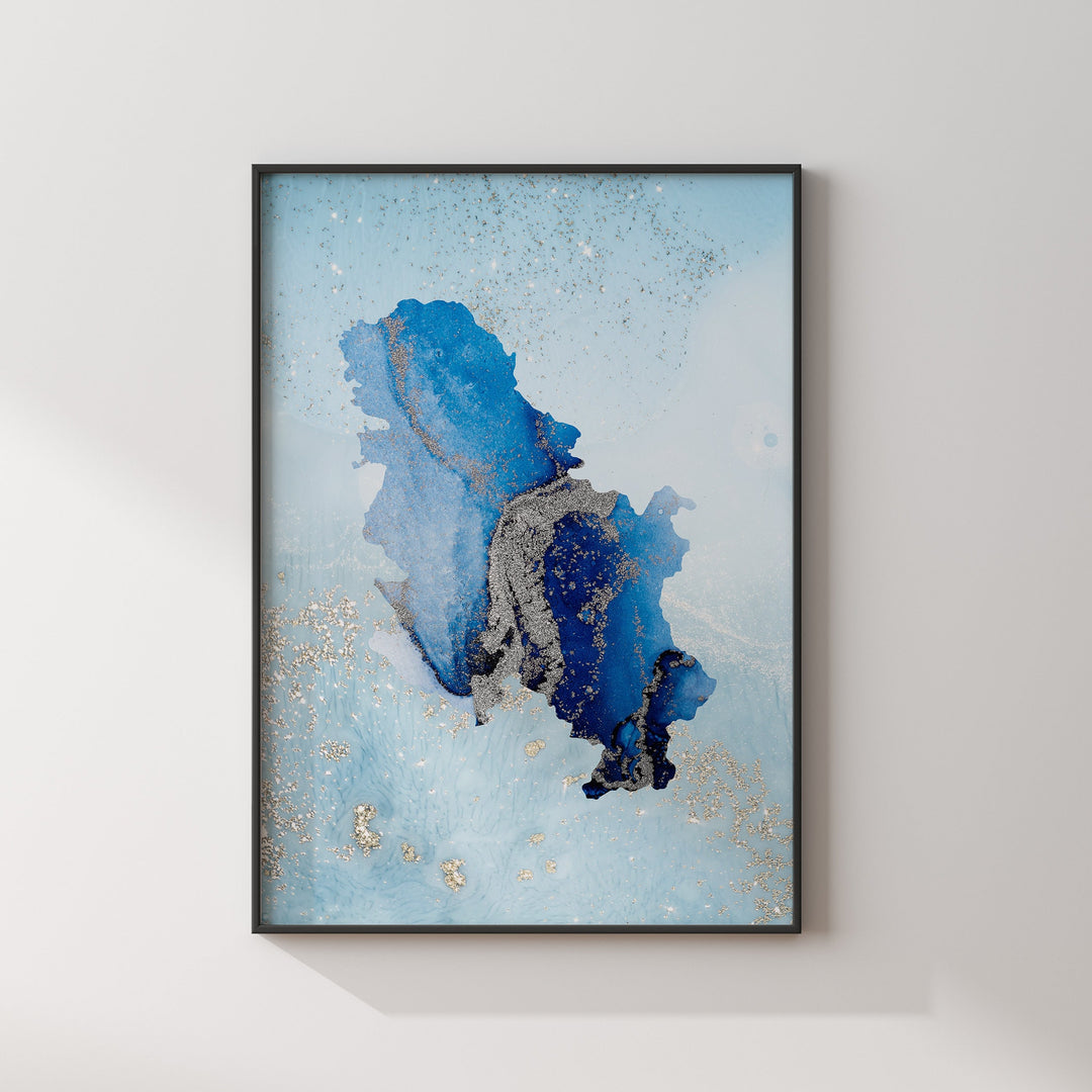 Serbia Map Shades of Blue & Silver Wall Art Print