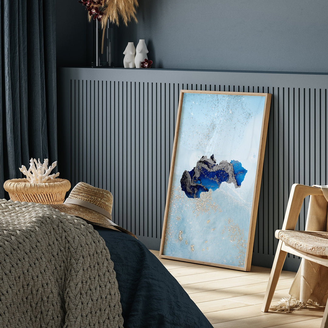 Slovakia Map Shades of Blue & Silver Wall Art Print