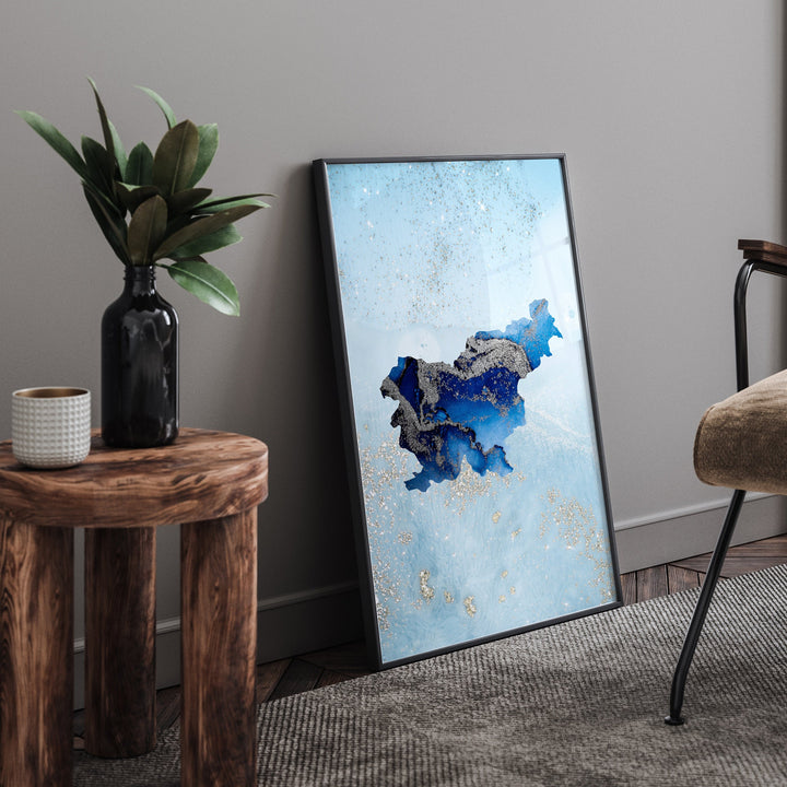 Slovenia Map Shades of Blue & Silver Wall Art Print