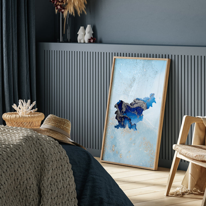 Slovenia Map Shades of Blue & Silver Wall Art Print
