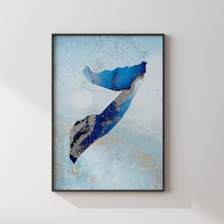 Somalia Map Shades of Blue & Silver Wall Art Print