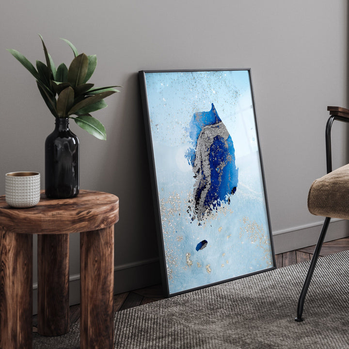 South Korea Map Shades of Blue & Silver Wall Art Print