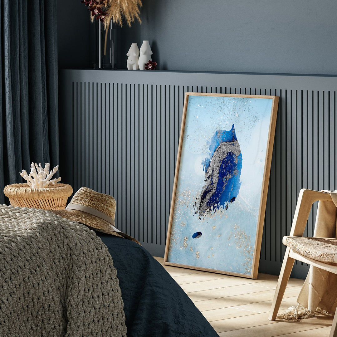 South Korea Map Shades of Blue & Silver Wall Art Print