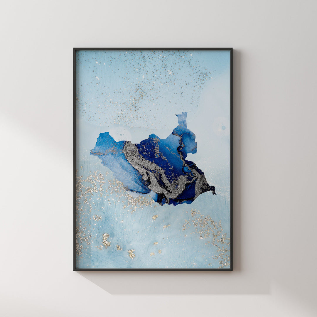 South Sudan Map Shades of Blue & Silver Wall Art Print