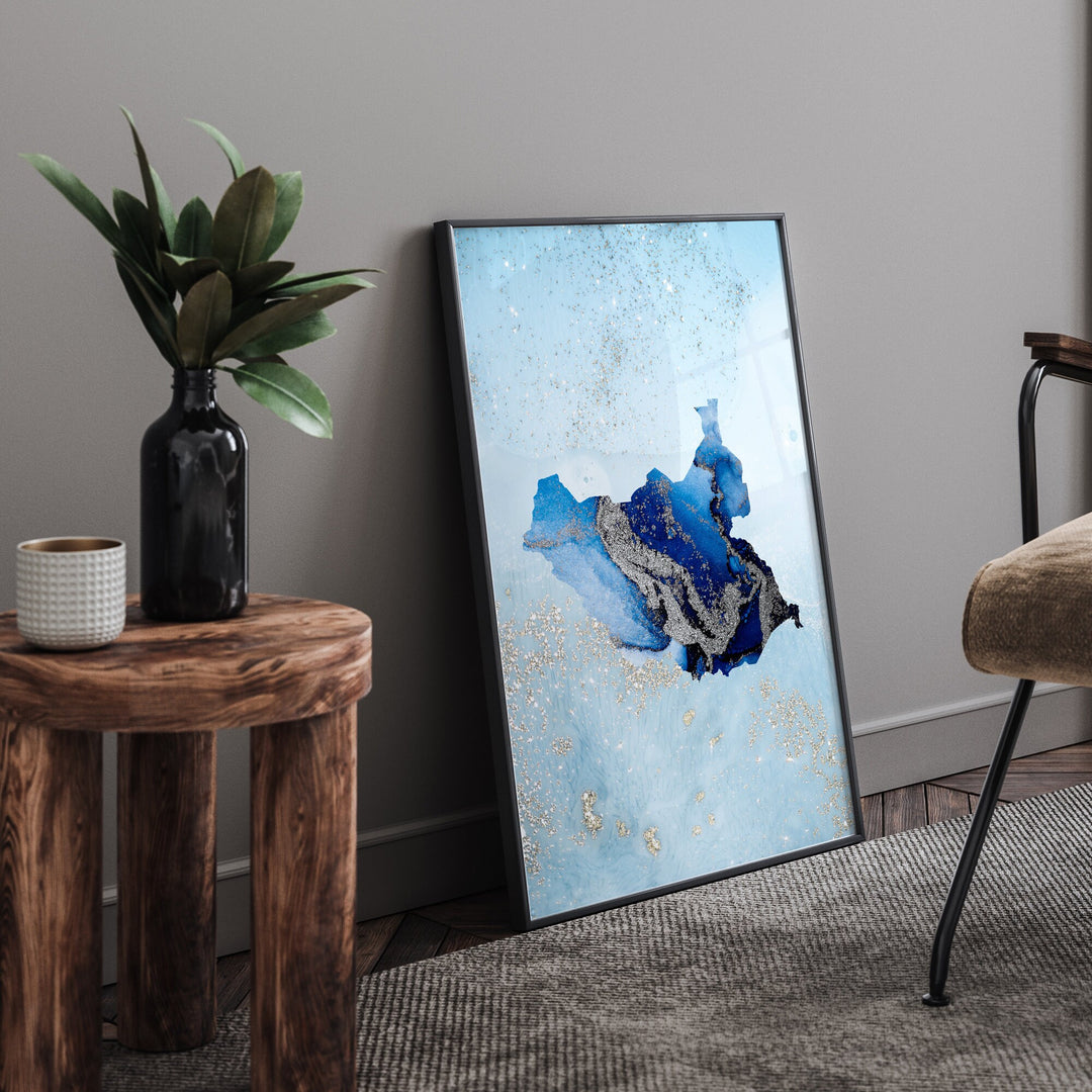 South Sudan Map Shades of Blue & Silver Wall Art Print