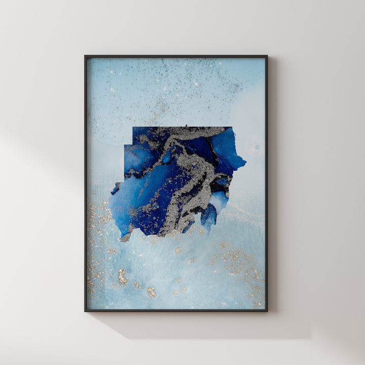 Sudan Map Shades of Blue & Silver Wall Art Print