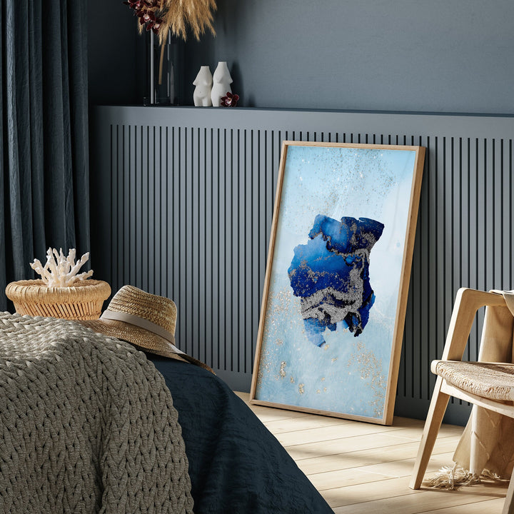 Suriname Map Shades of Blue & Silver Wall Art Print