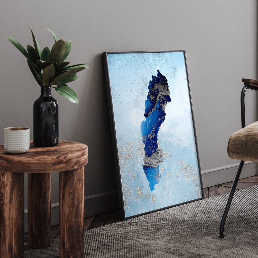 Sweden Map Shades of Blue & Silver Wall Art Print