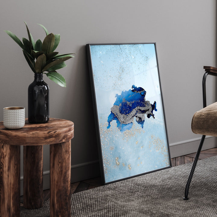 Switzerland Map Shades of Blue & Silver Wall Art Print