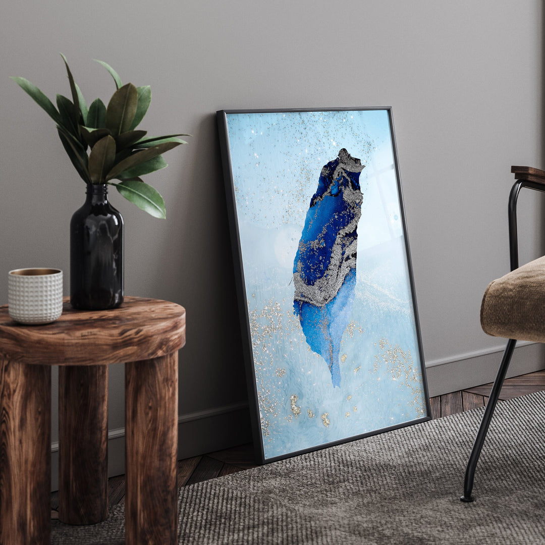 Taiwan Map Shades of Blue & Silver Wall Art Print