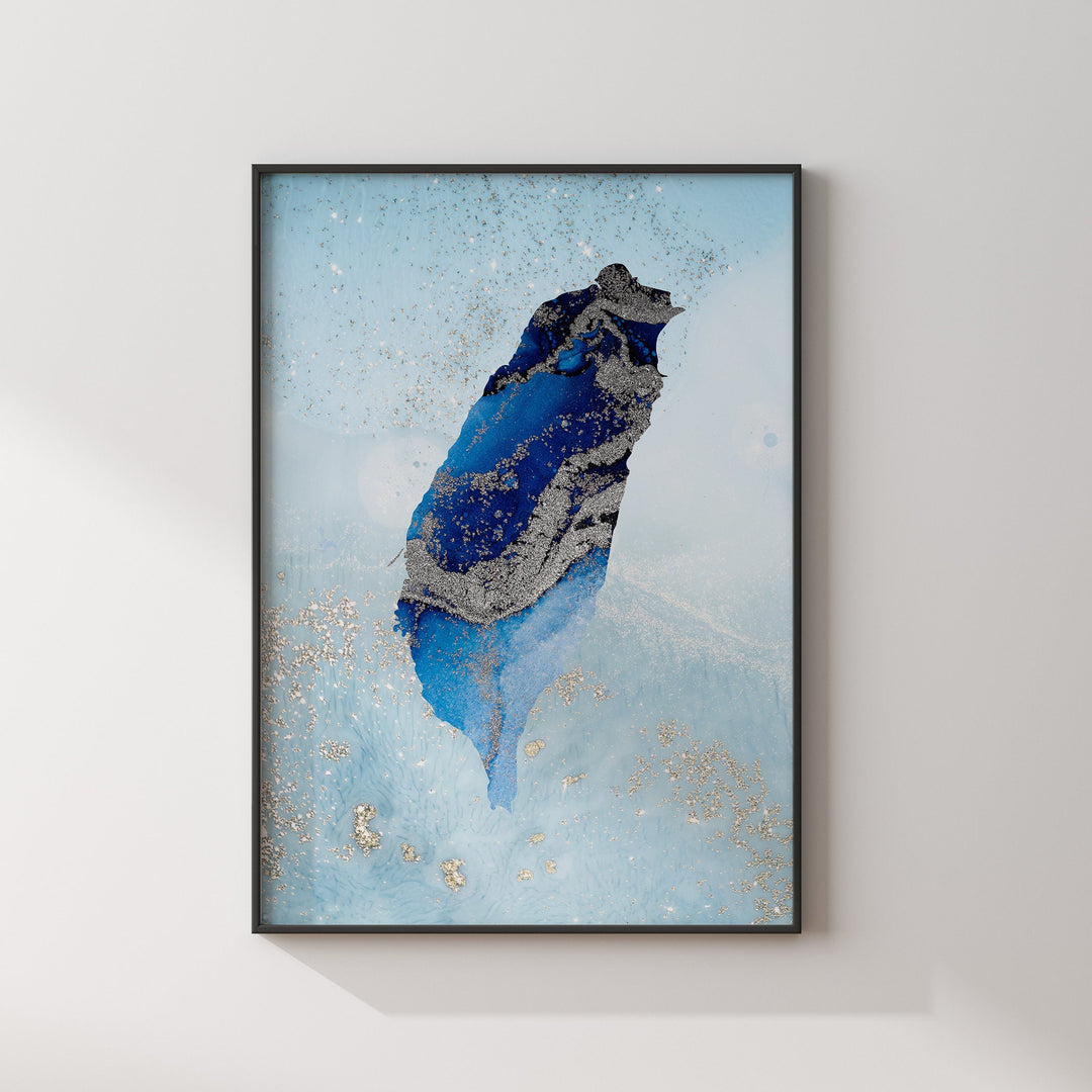 Taiwan Map Shades of Blue & Silver Wall Art Print