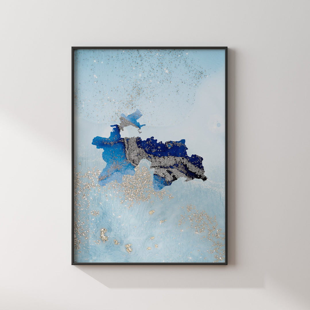 Tajikistan Map Shades of Blue & Silver Wall Art Print