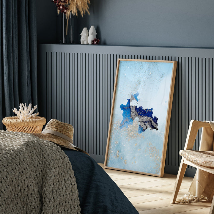 Tajikistan Map Shades of Blue & Silver Wall Art Print